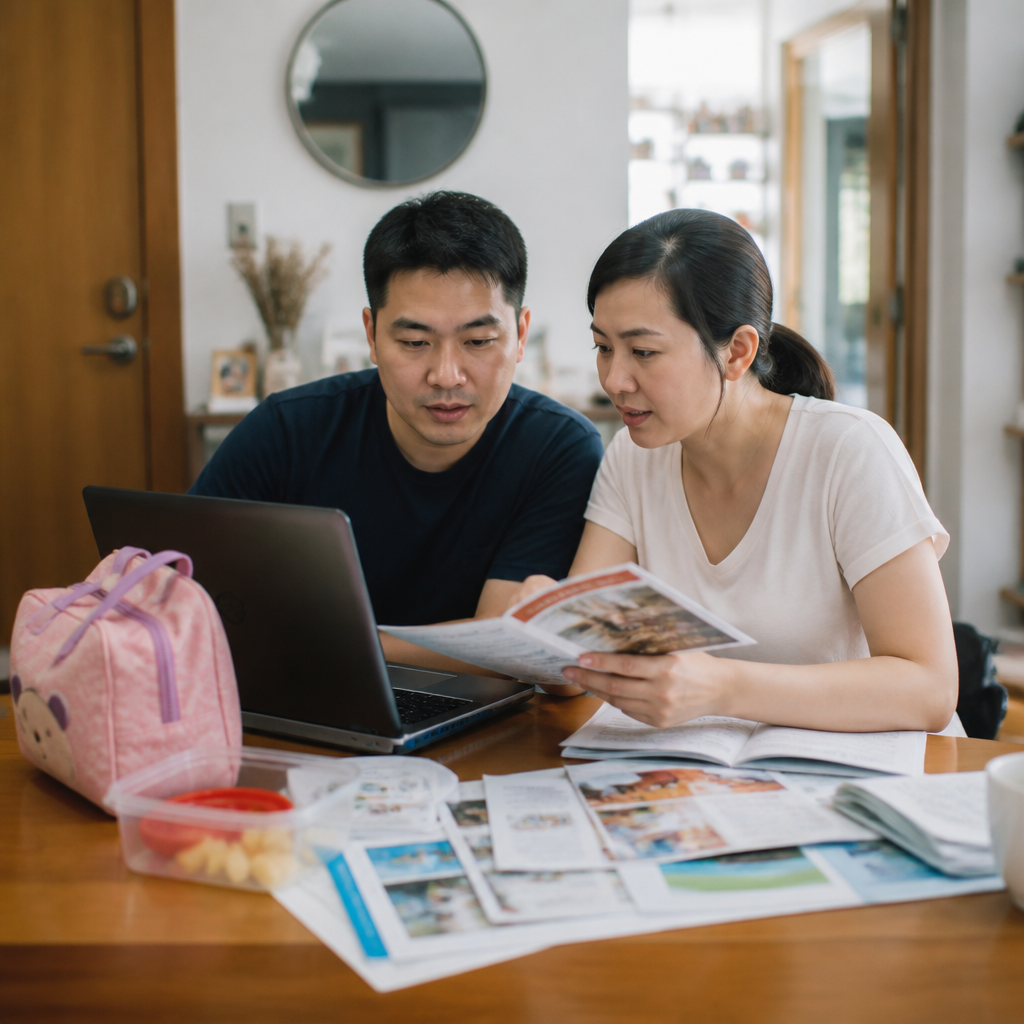 Singapore parents comparing preschool options and early childhood education choices at home.