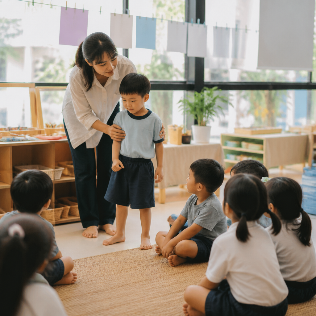 A Singapore preschooler learning to join group routines and communicate needs in class.