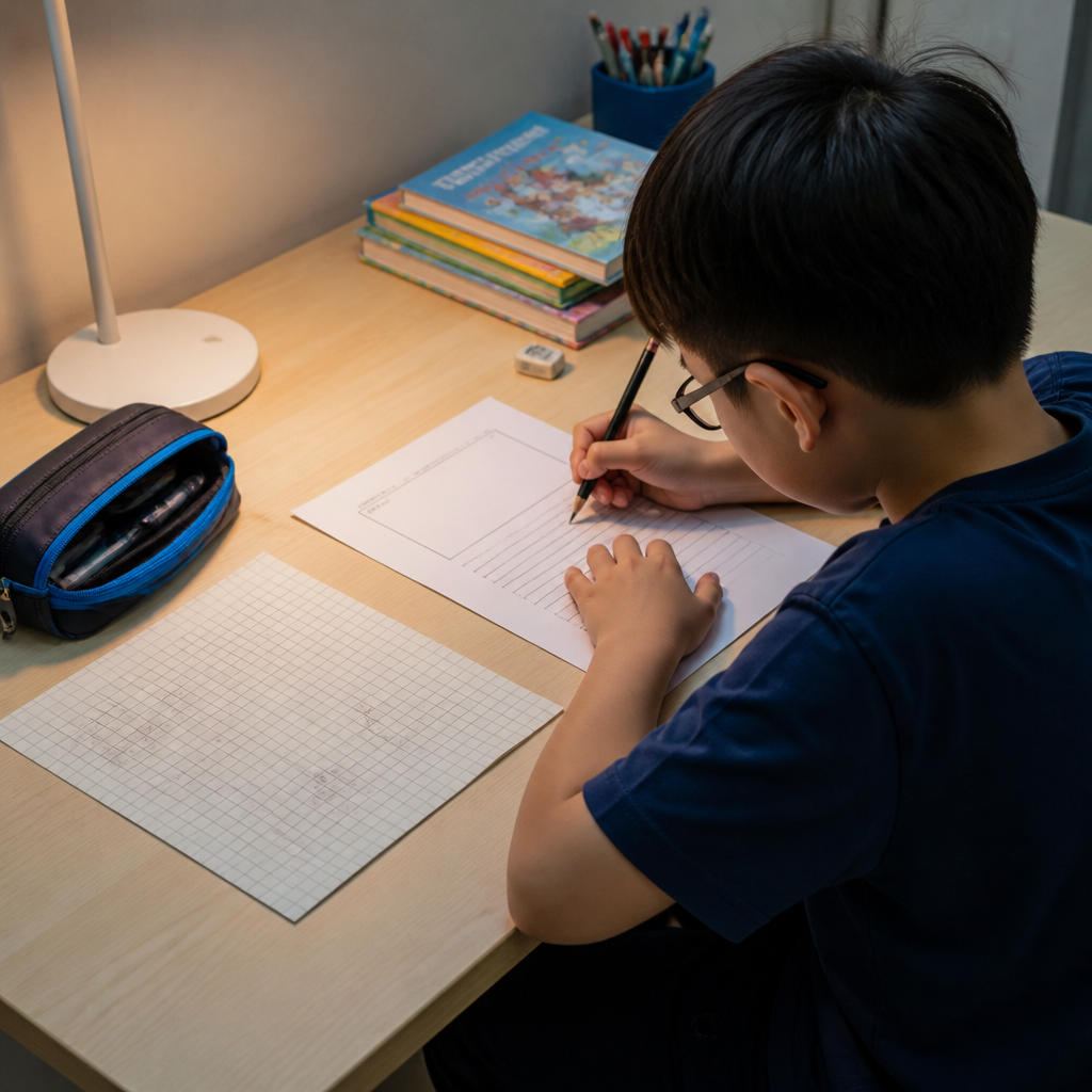 A Primary 3 student working through deeper GEP-style thinking practice at a study desk.