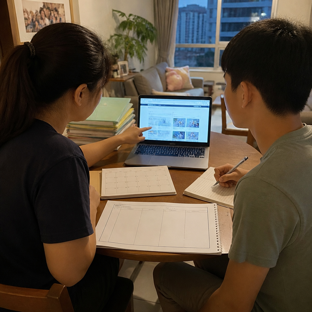 A Singapore parent and teen reviewing tuition options, highlighting how holistic education includes both academic and personal growth.