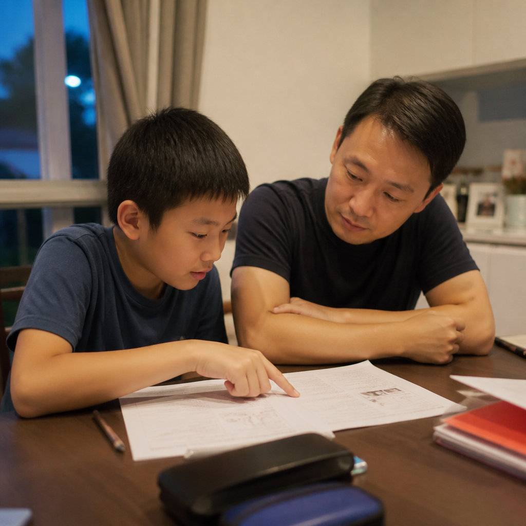 A Singapore parent and Primary 6 child reviewing PSLE Science answering techniques at home.
