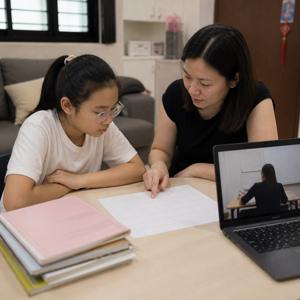 A parent and child considering PSLE Science tuition support and study planning in Singapore.