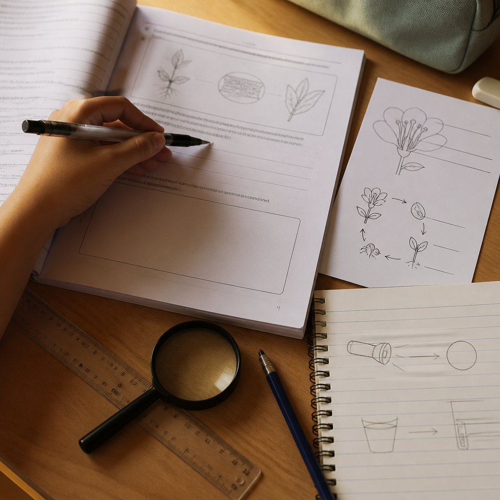 A PSLE Science study desk with a question paper, diagram practice, and tools for careful reading.