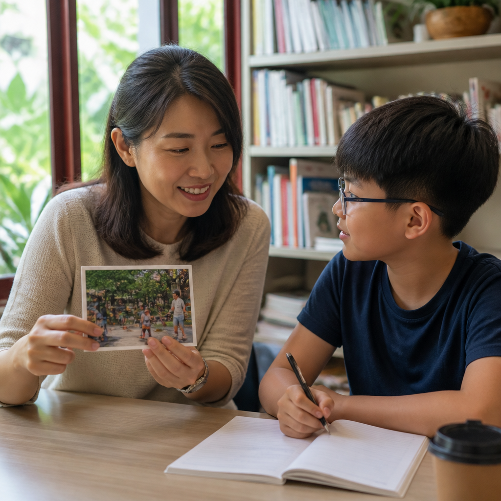 A PSLE English tutor helping a Primary 6 student with oral practice in Singapore.
