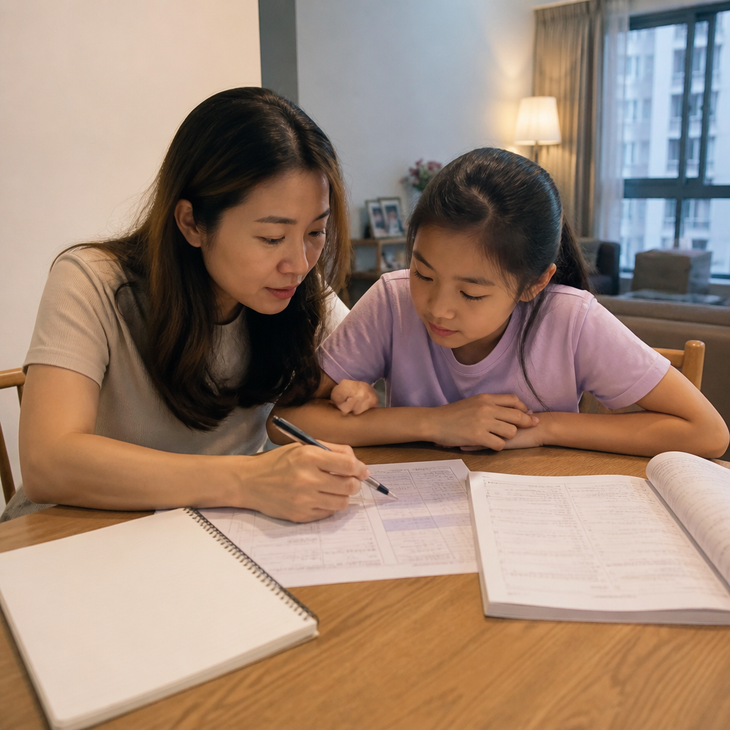 A Singapore parent and Primary 6 child planning PSLE English revision at home.