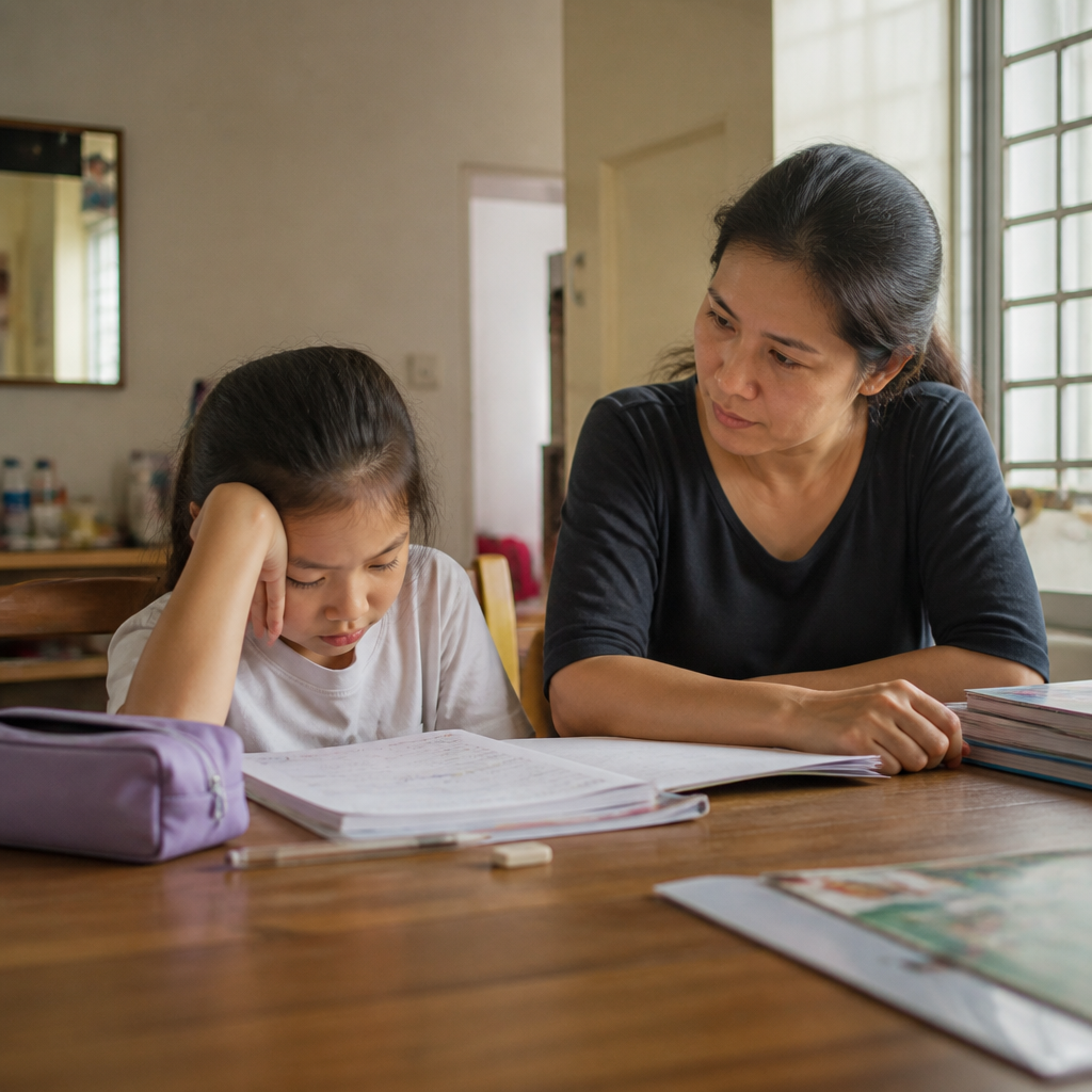A Singapore parent and child at the dining table after school, reflecting the balance between grades and holistic education.