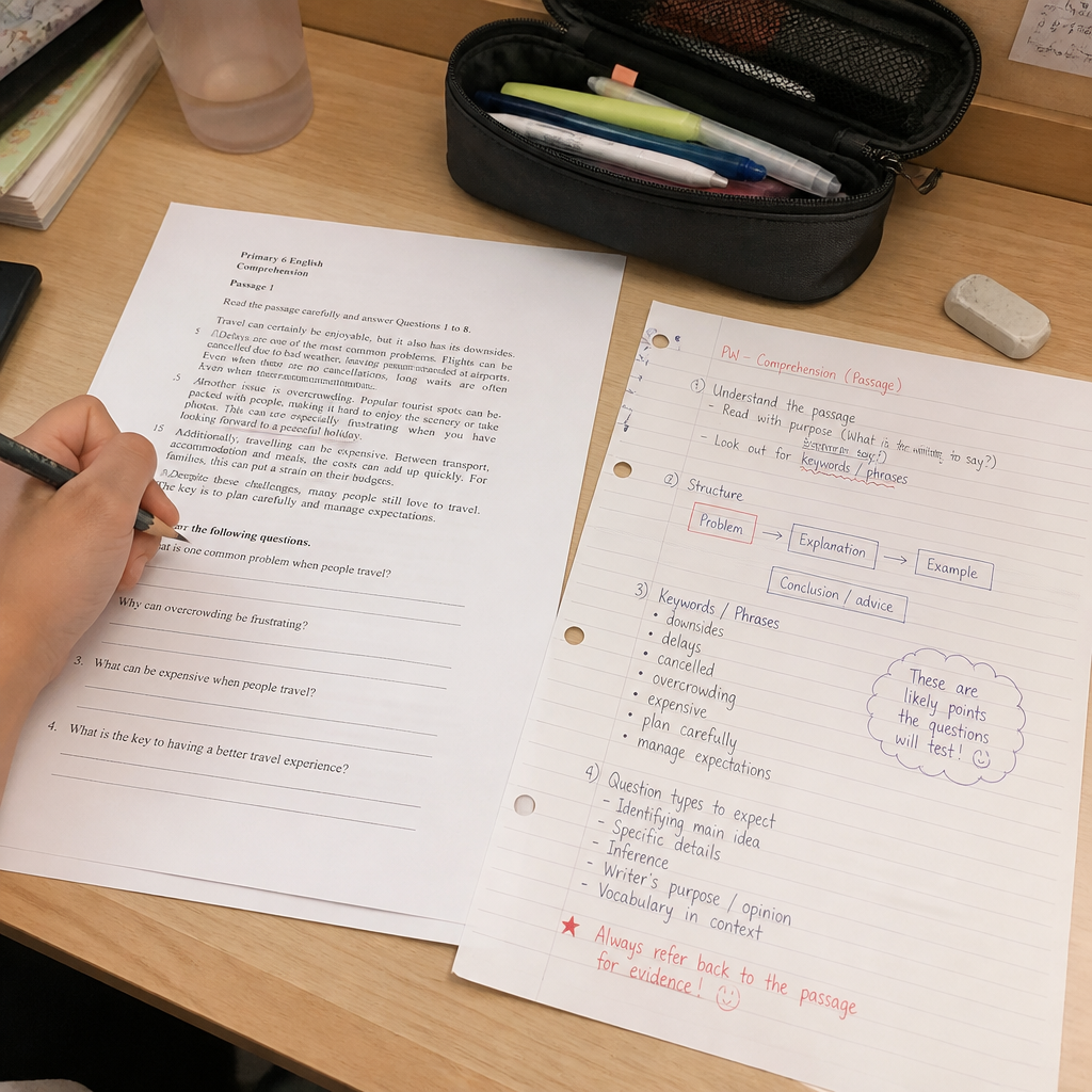 A PSLE English comprehension revision desk showing keyword analysis and careful answering practice.