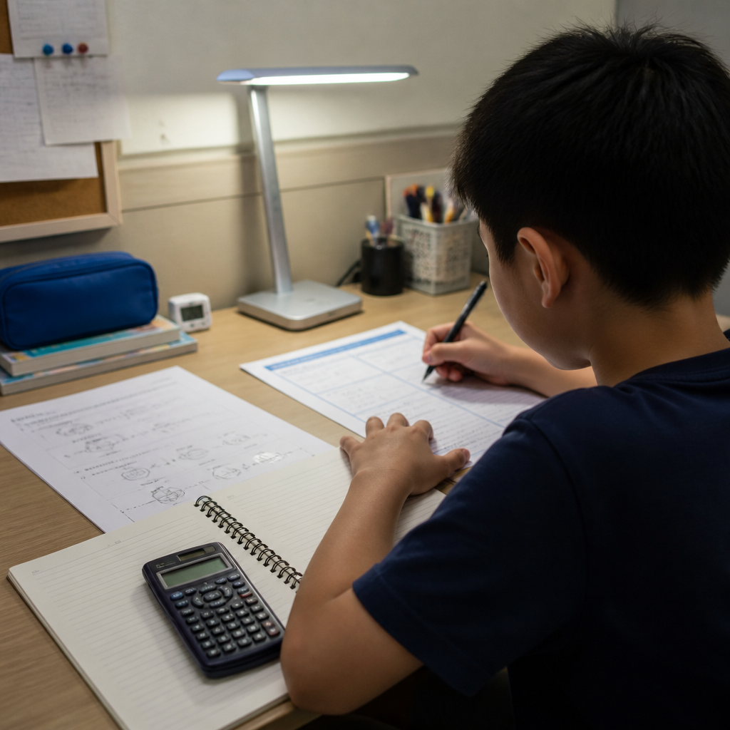 A student reviewing a PSLE Science mistake log beside practice papers at a study desk.