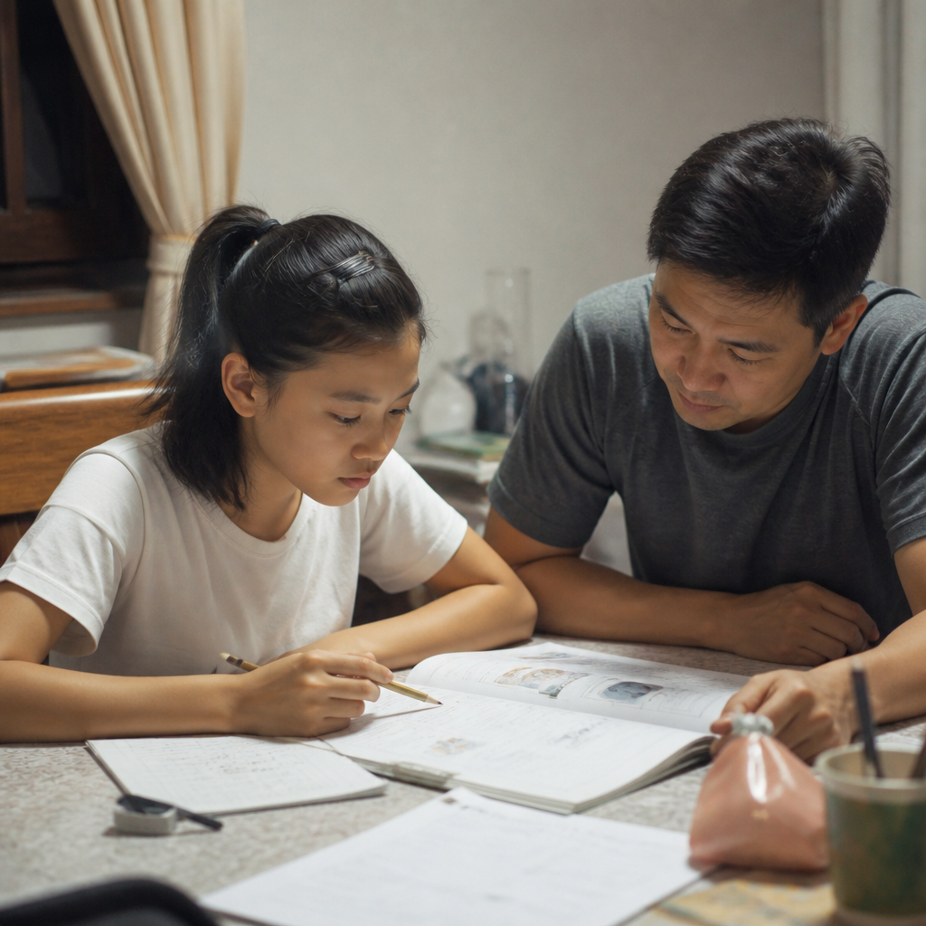 Parent and Primary 6 child reviewing PSLE Science revision at home in Singapore.