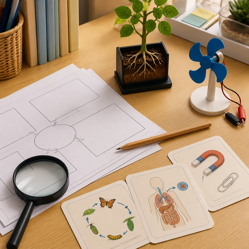 PSLE Science study materials arranged to show topic clusters and concept connections.