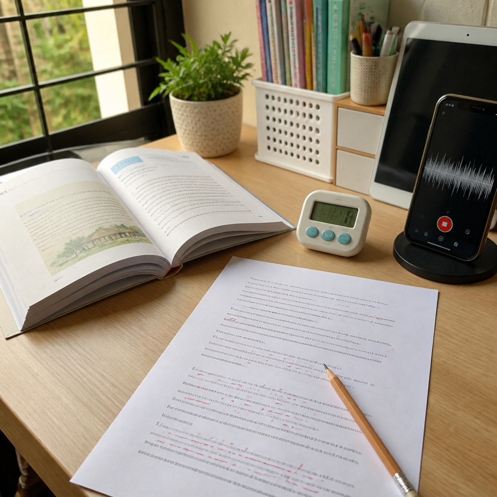 A study desk set up for PSLE English Oral reading aloud practice and self-recording.
