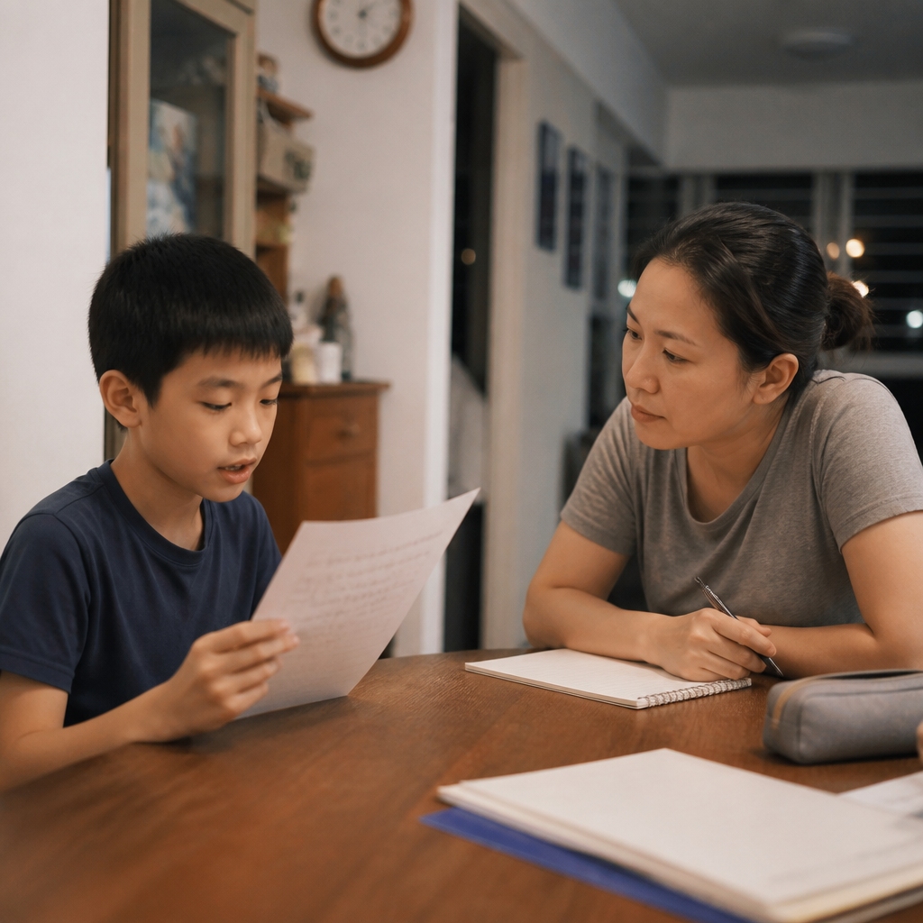 Singapore parent supporting a Primary 6 child with PSLE English Oral practice at home.