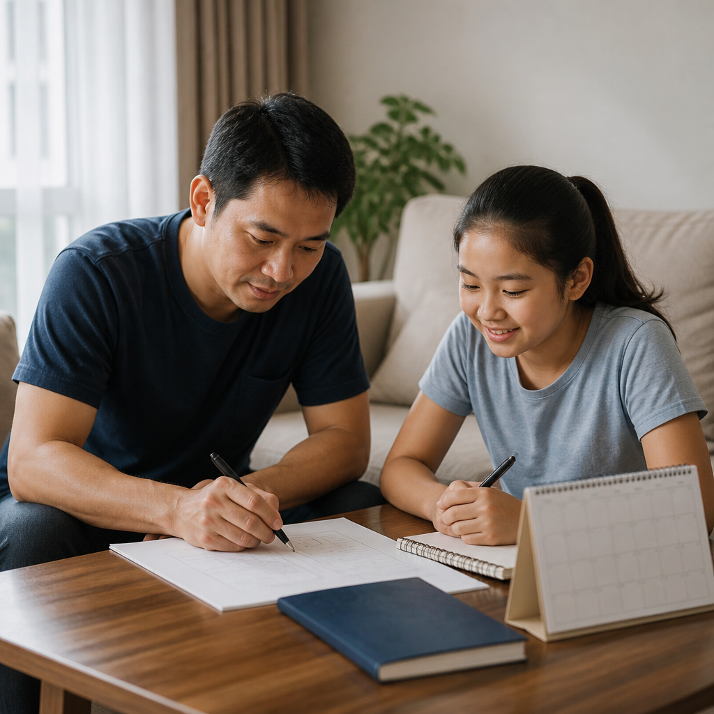A Singapore parent and child reviewing a calm PSLE English Oral preparation plan.