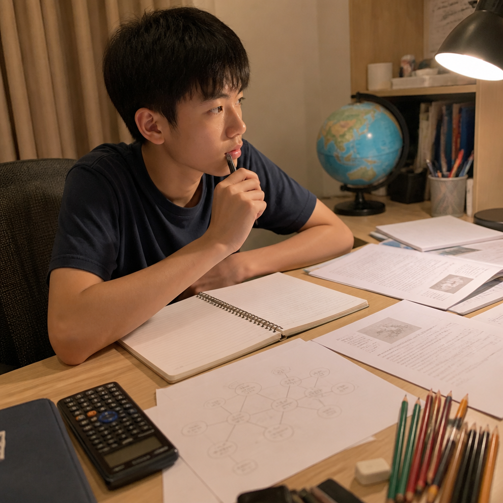 A secondary school study desk with Geography revision materials, showing how holistic education supports exam preparation and thinking skills.