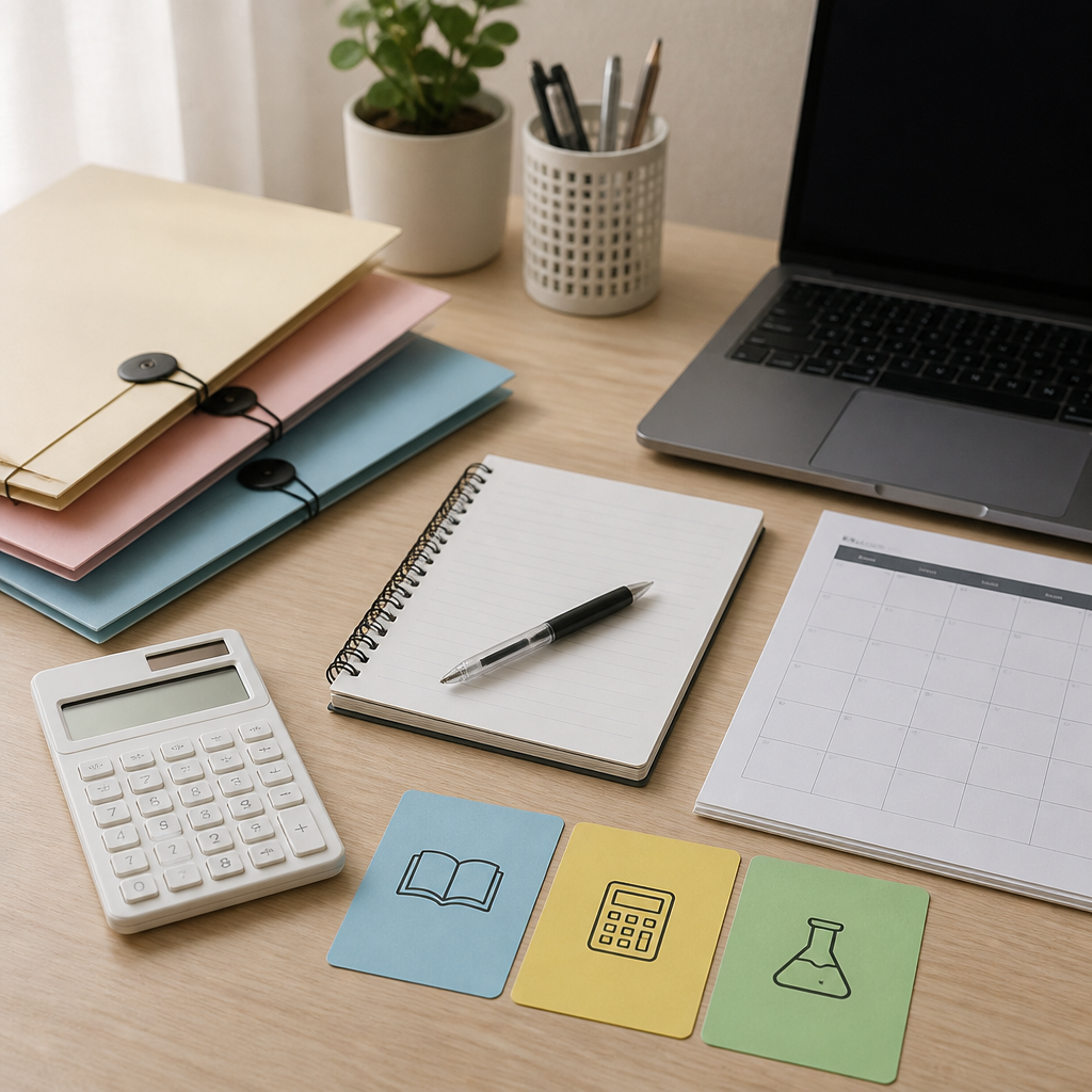 A study desk setup symbolising PSLE scoring and secondary school posting decisions in Singapore.