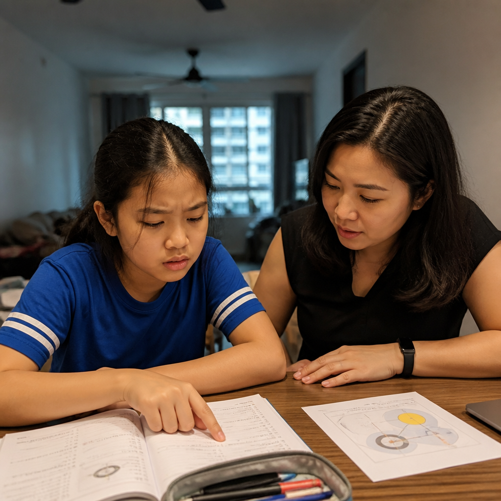 A parent and Primary 6 child reviewing PSLE Science answers at home.