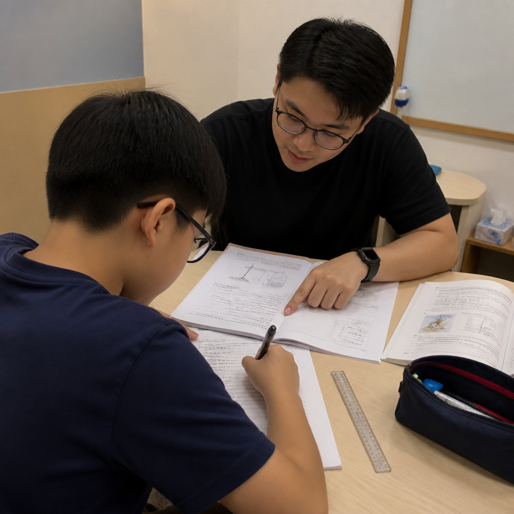 A tutor helping a Primary 6 student improve PSLE Science open-ended answers.
