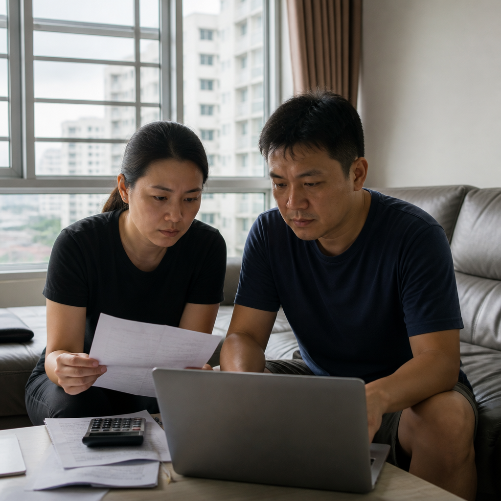Singapore parents reviewing PSLE scoring and secondary school choices at home after results day.