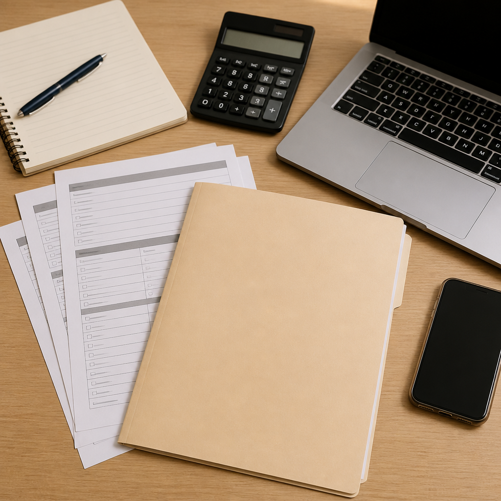 A study desk with forms and a calculator representing MOE PSLE posting checks and school selection planning.