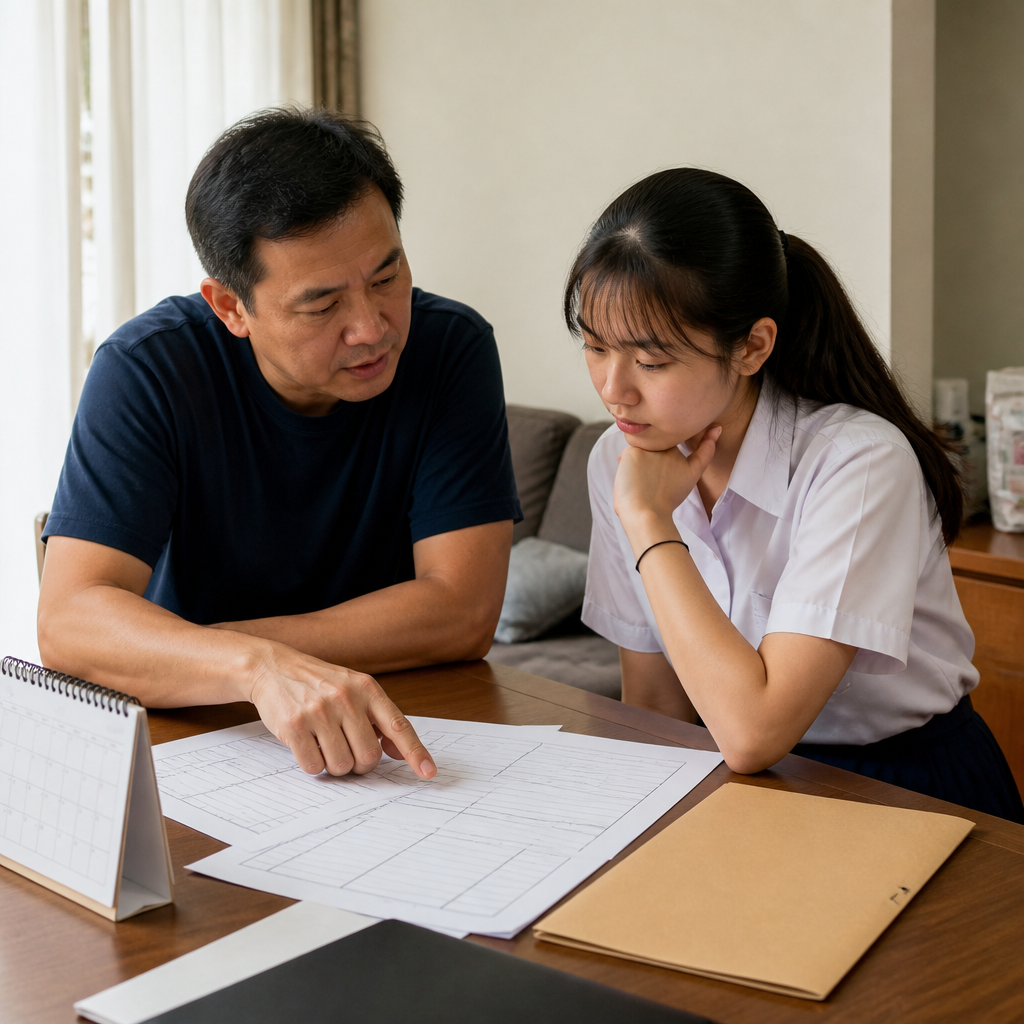 A parent and child comparing secondary school options during PSLE posting planning in Singapore.