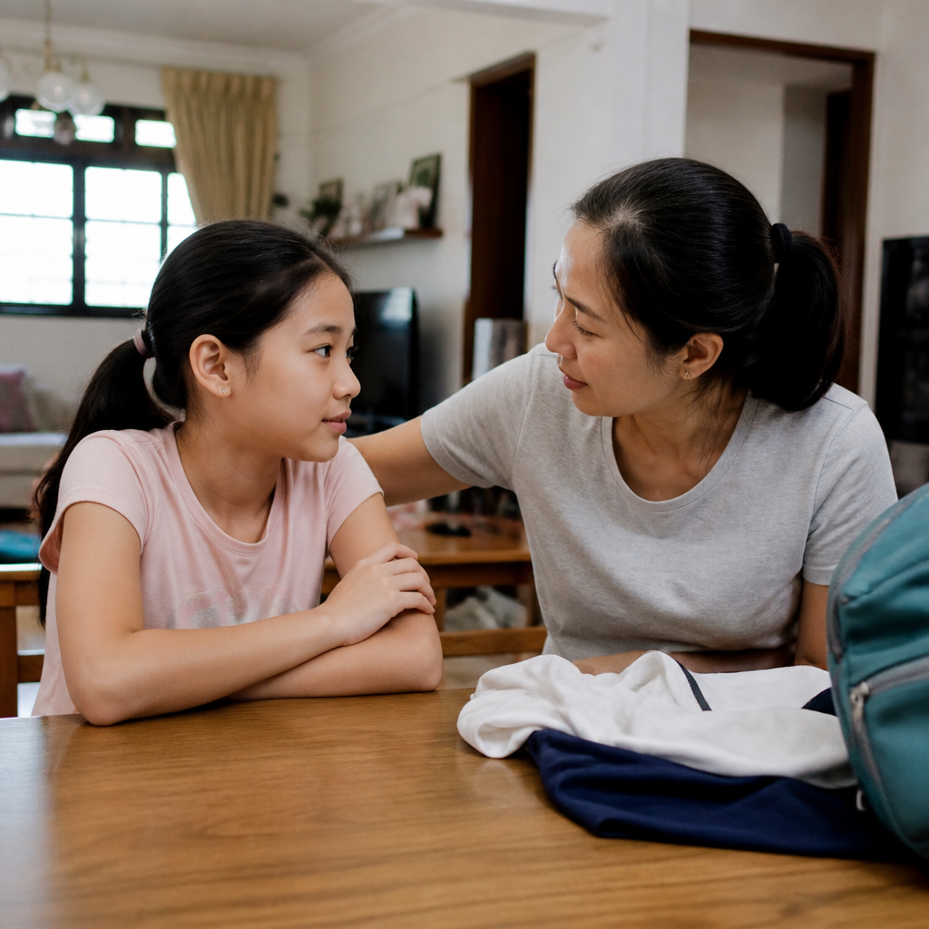A Singapore parent talks calmly with a preteen child about puberty at home.
