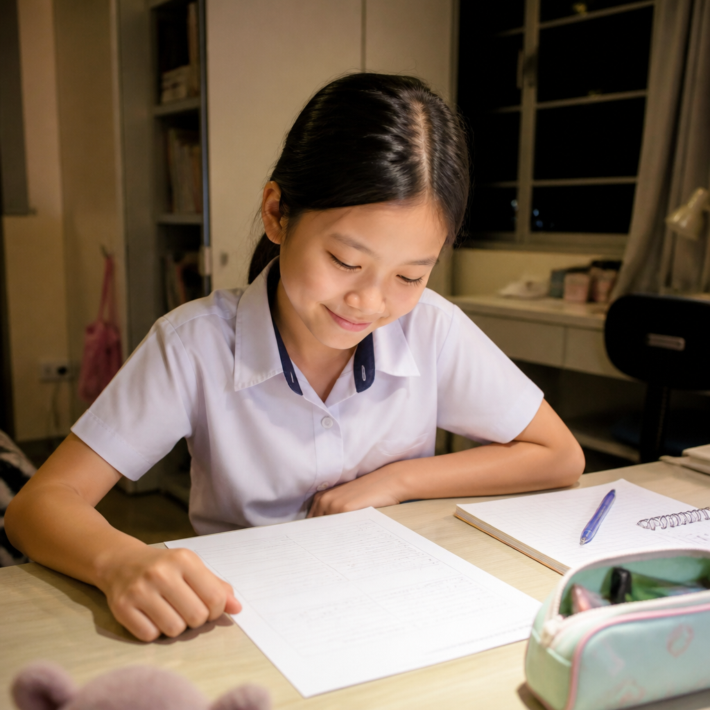 A Primary school student checking a PSLE Maths answer at a study desk.