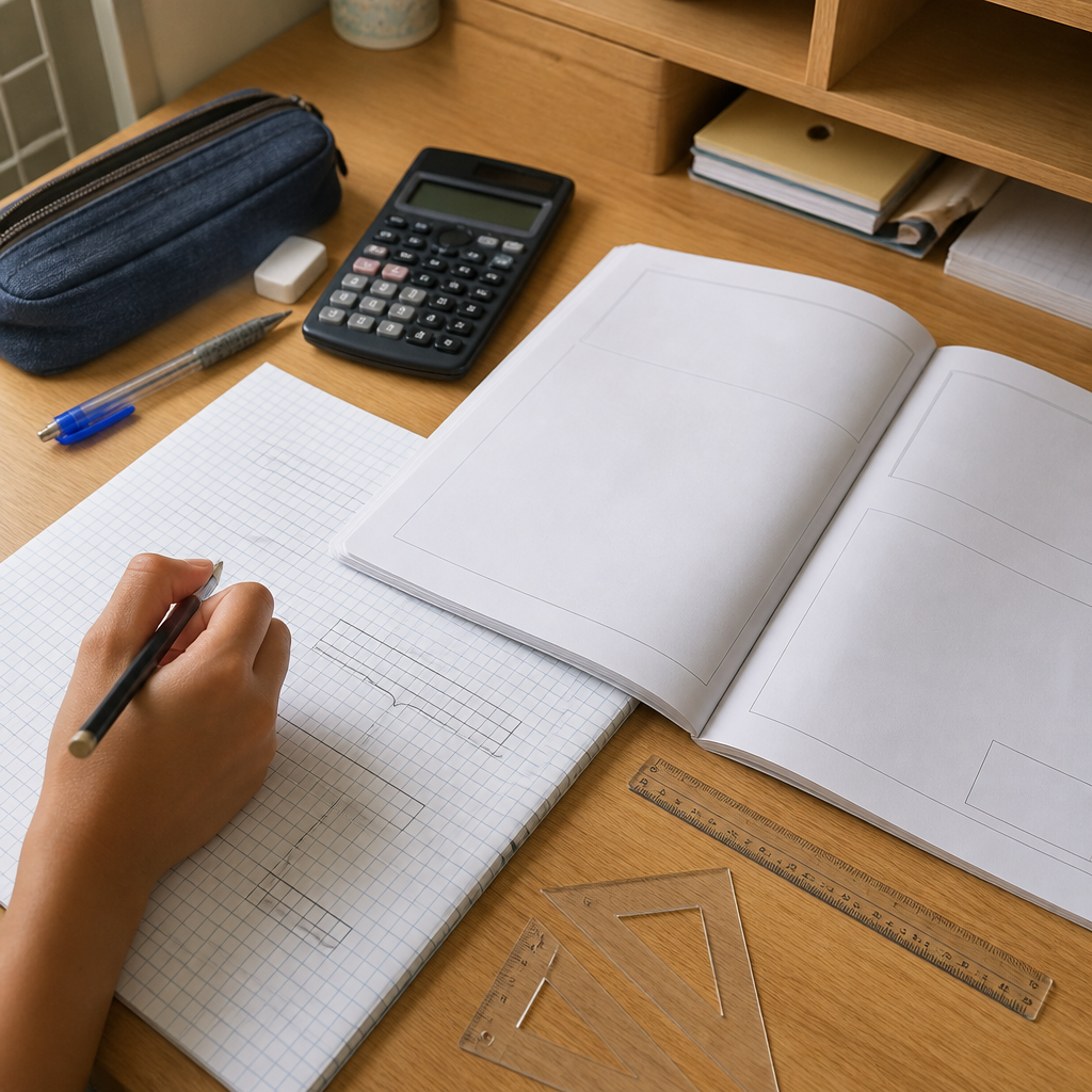 PSLE Maths study materials arranged for problem-solving practice at home.