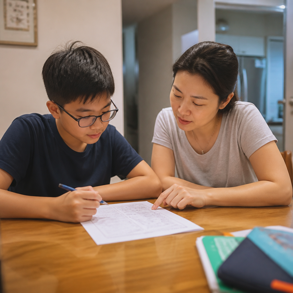 A Singapore parent guiding a Primary 6 child through a PSLE Maths question at home.