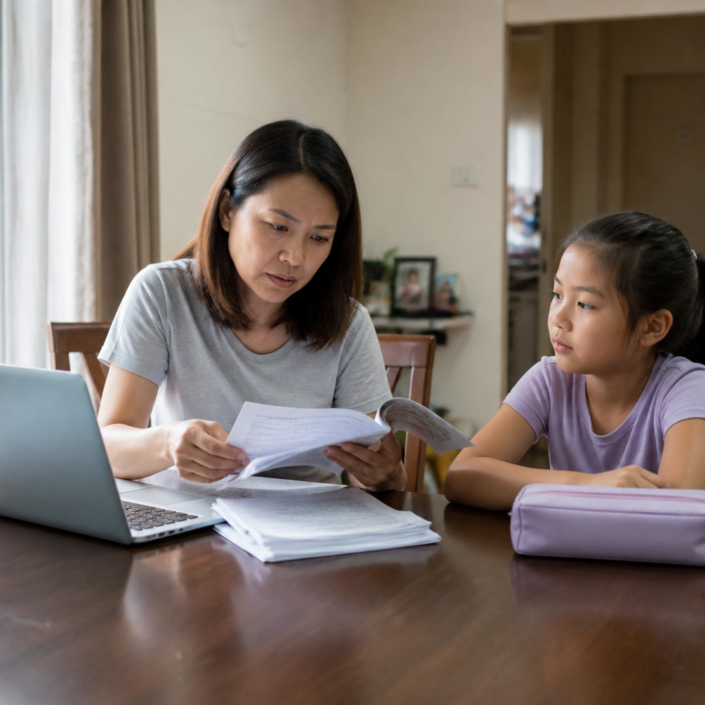 A Singapore parent compares past year exam papers at home while deciding what to buy for exam revision.