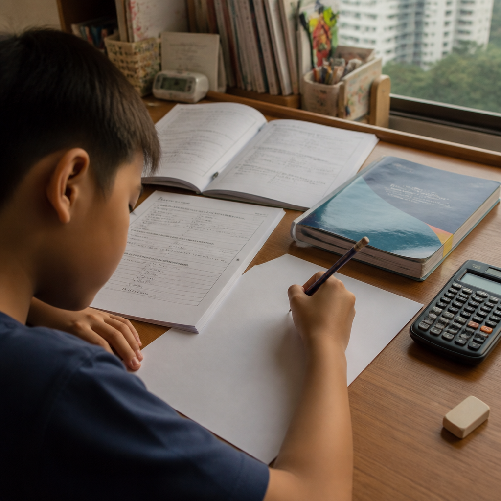 Primary 6 PSLE revision papers on a study desk show the difference between topical books and full-paper practice.