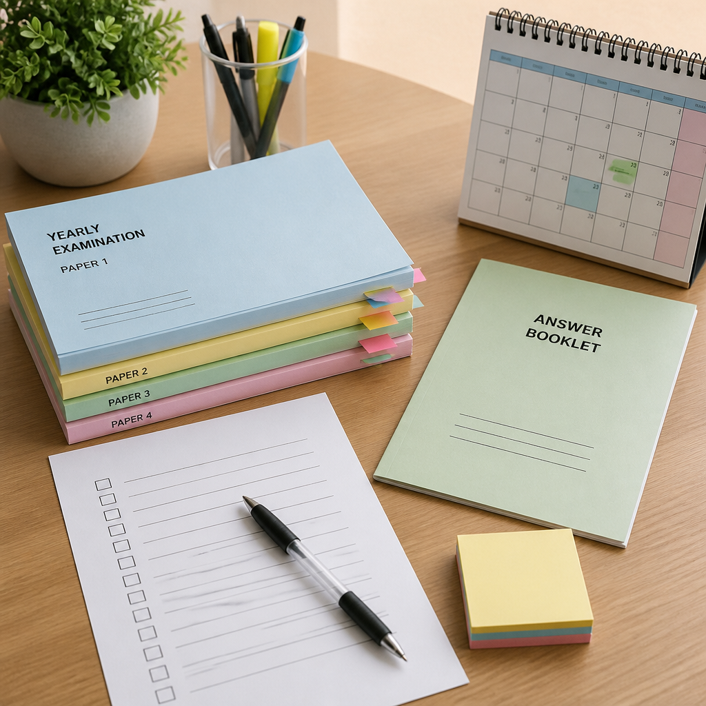 A neat revision setup with exam papers and a checklist highlights the value of reviewing a few suitable papers well.