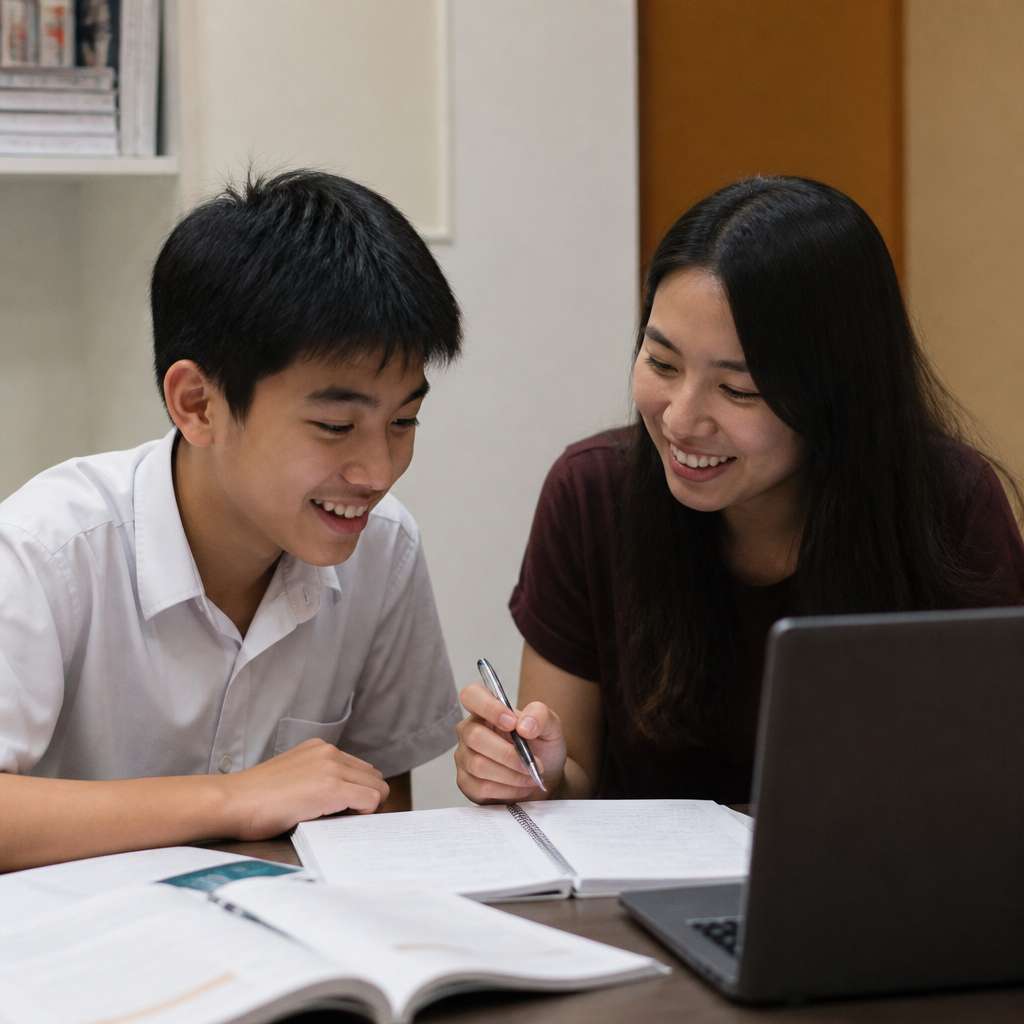 A secondary school tutor helping a Singapore student adjust to Secondary 1 academic demands.
