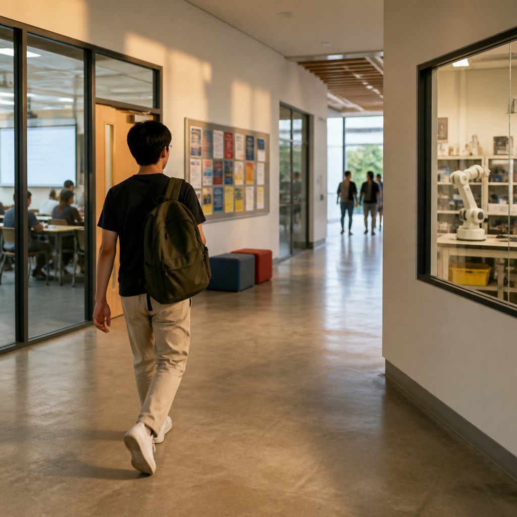 A student walking through a Singapore school environment, representing the many post-secondary pathways available.