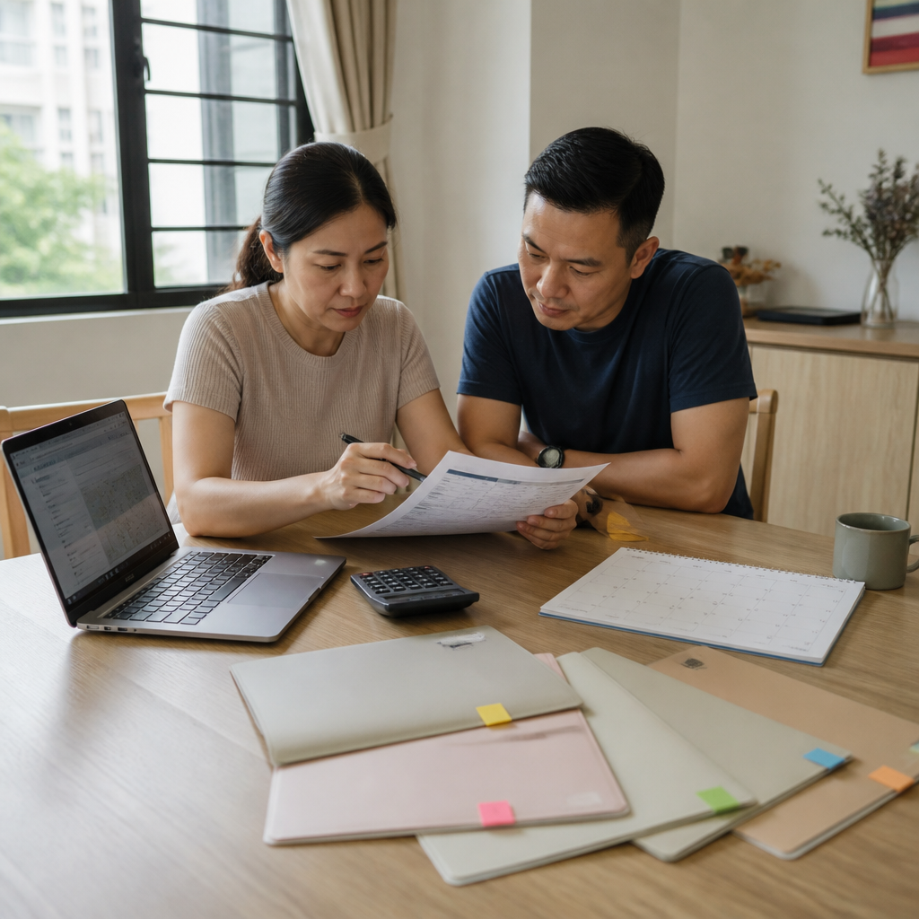 Singapore parents comparing secondary school options at home before PSLE results are released.