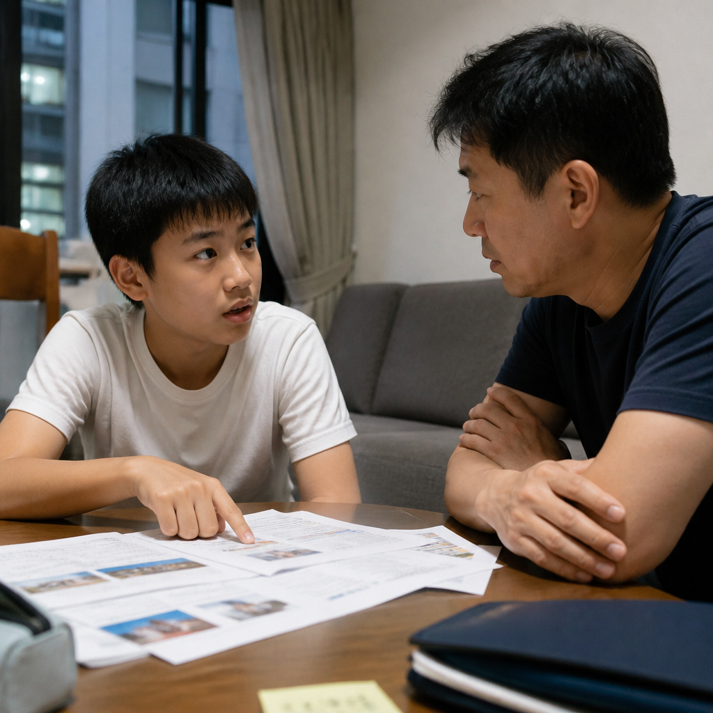 A parent and teenager discussing secondary school support and adjustment in Singapore.