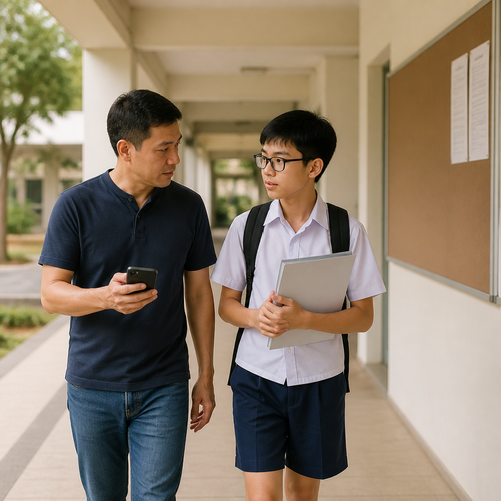 A Singapore parent and student making a calm secondary school decision after PSLE results.
