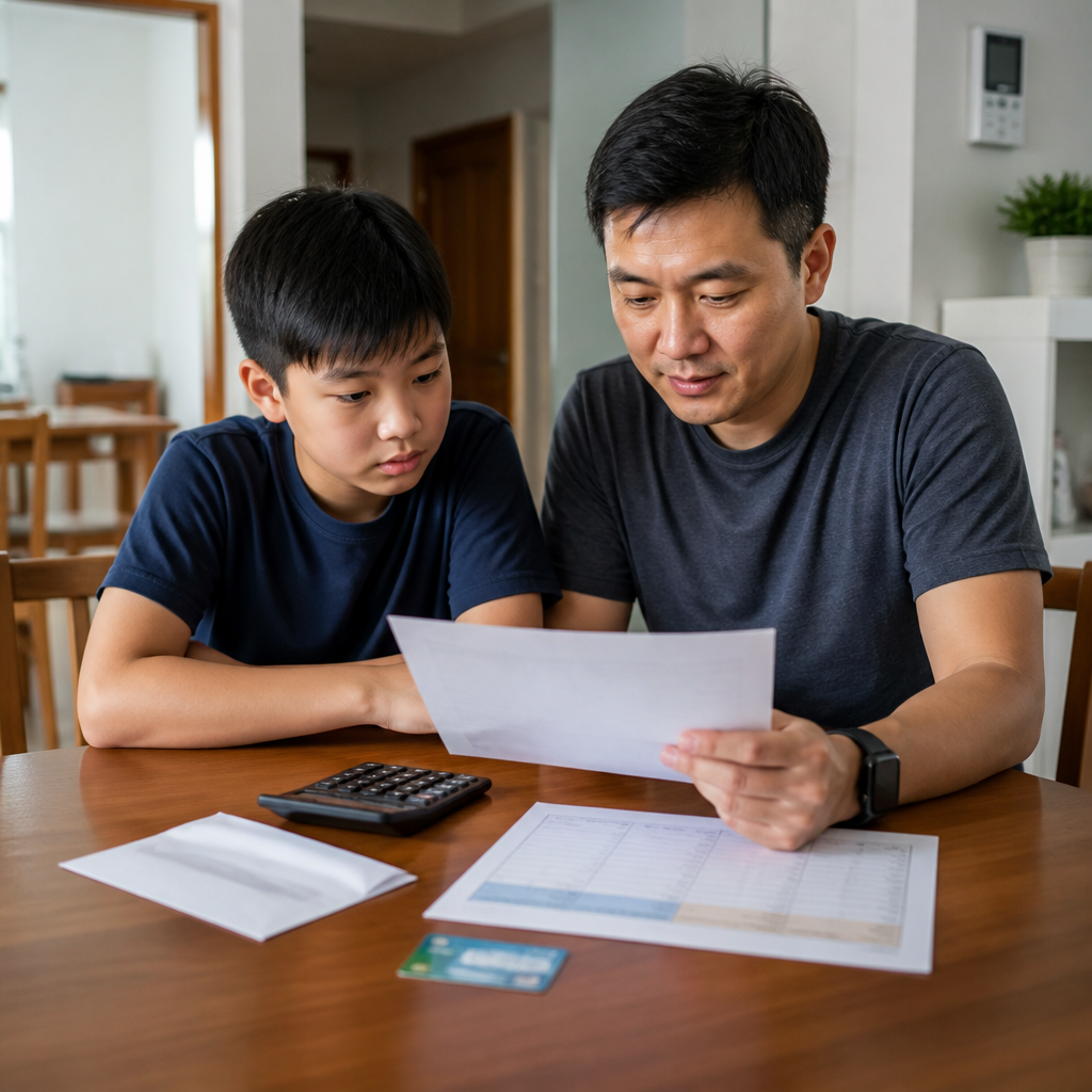 A Singapore parent and Secondary 1 child reviewing school fee paperwork and monthly budgeting items at home.