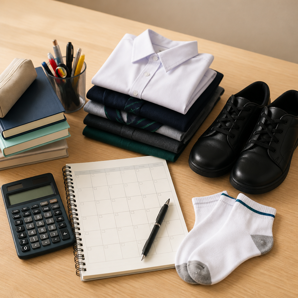 A school budgeting still life showing uniforms, books, and calculator beside a monthly cost planner for secondary school.