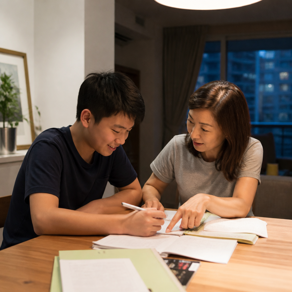A parent and secondary school student planning a Social Studies revision routine at home in Singapore.
