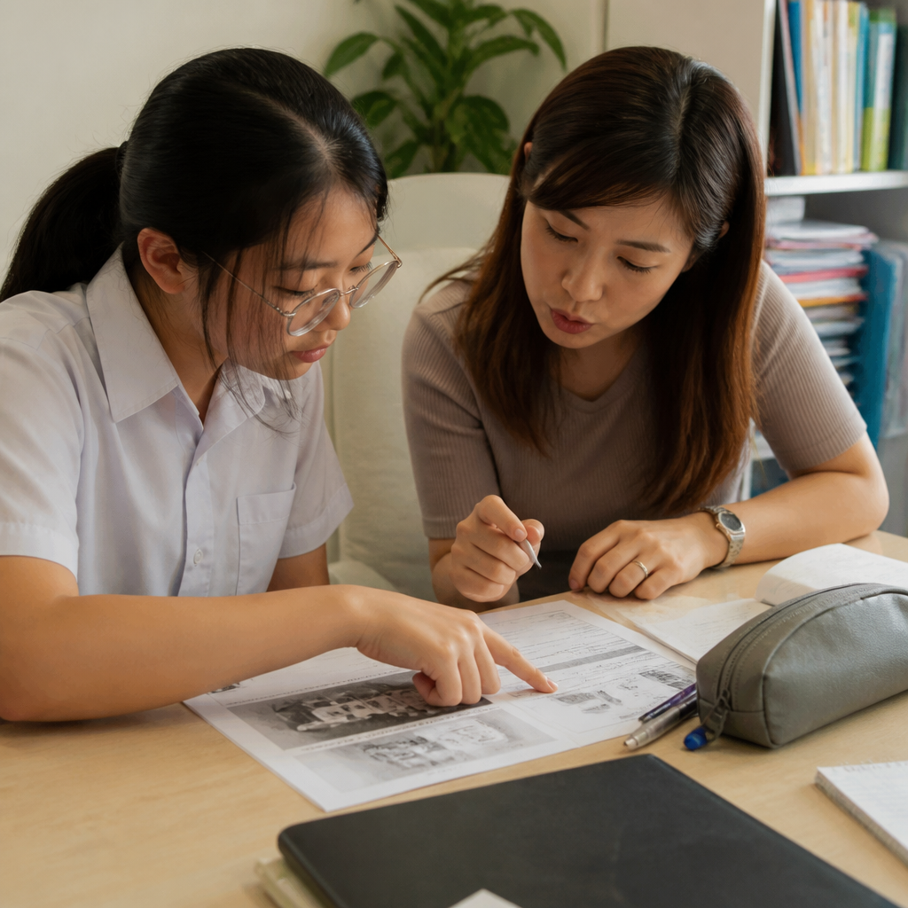 A tutor helping a Singapore student improve Social Studies inference and answer technique.