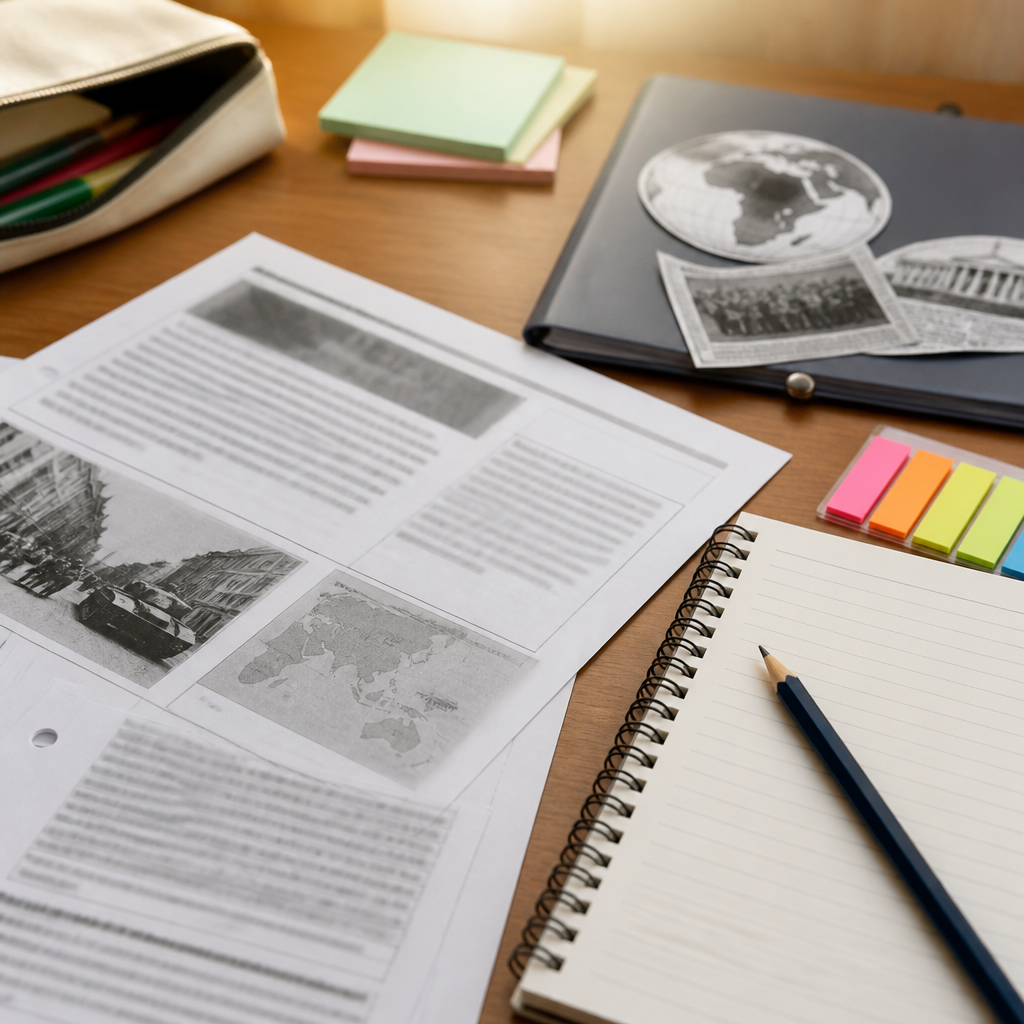 A Social Studies revision desk with source materials and notes for analysing questions more carefully.