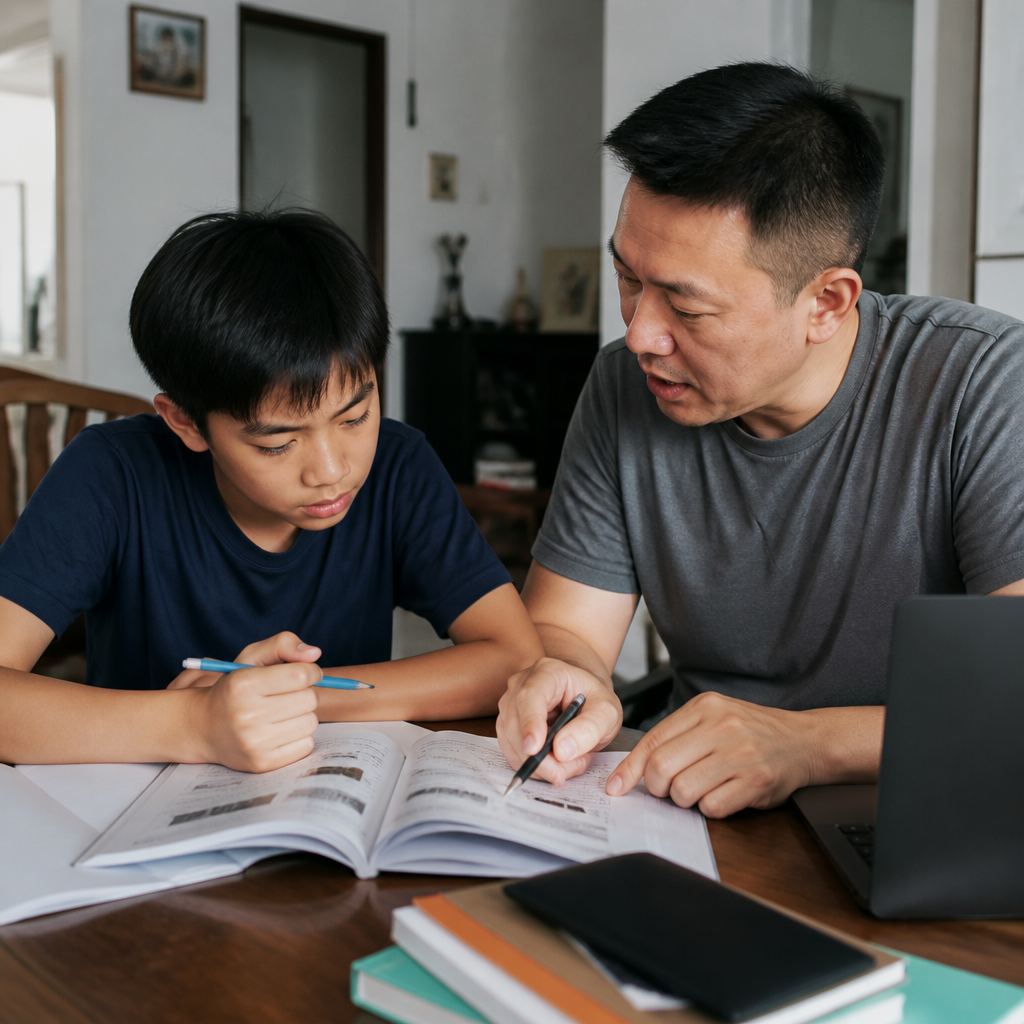 A Singapore parent and child discussing Social Studies study plans at home.