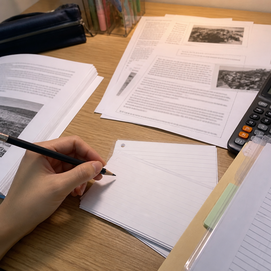 A Social Studies revision desk with source materials and study notes for secondary school.