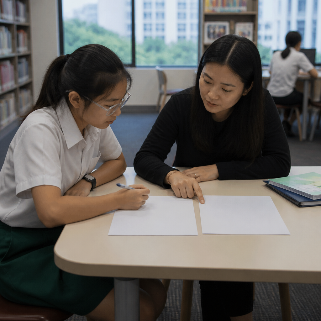 A student and tutor comparing Social Studies answering approaches in a Singapore school setting.