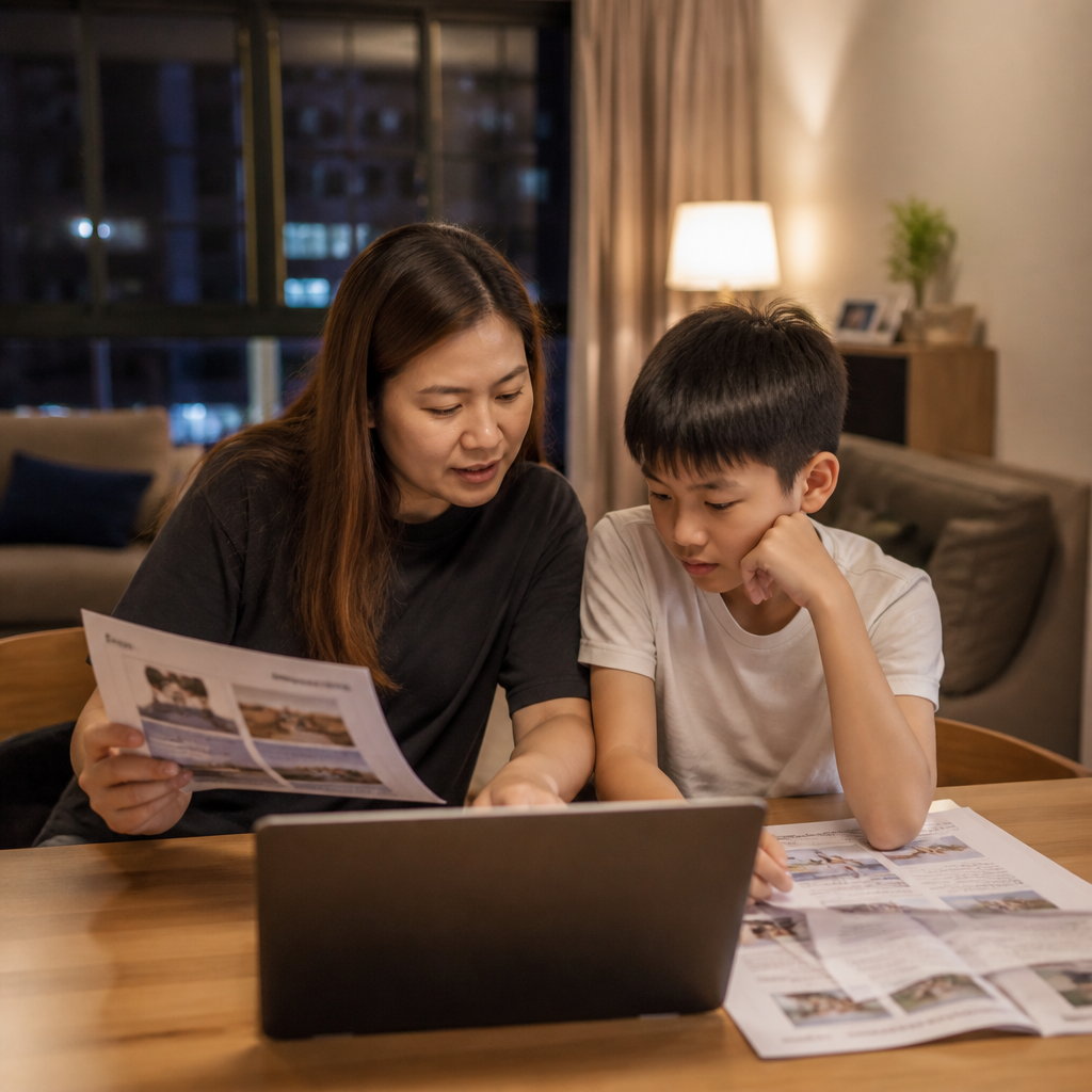A Singapore parent and child reviewing DSA secondary school options together at home.