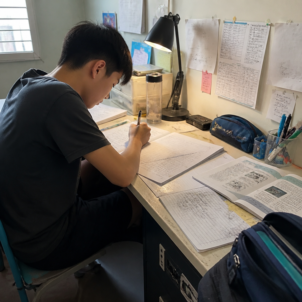A secondary school study desk with textbooks and notes showing the heavier lower secondary workload in Singapore.
