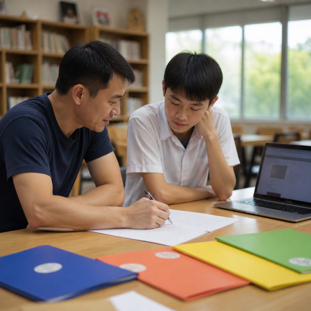 A parent and teen in Singapore discussing secondary school subject choices and future pathways.
