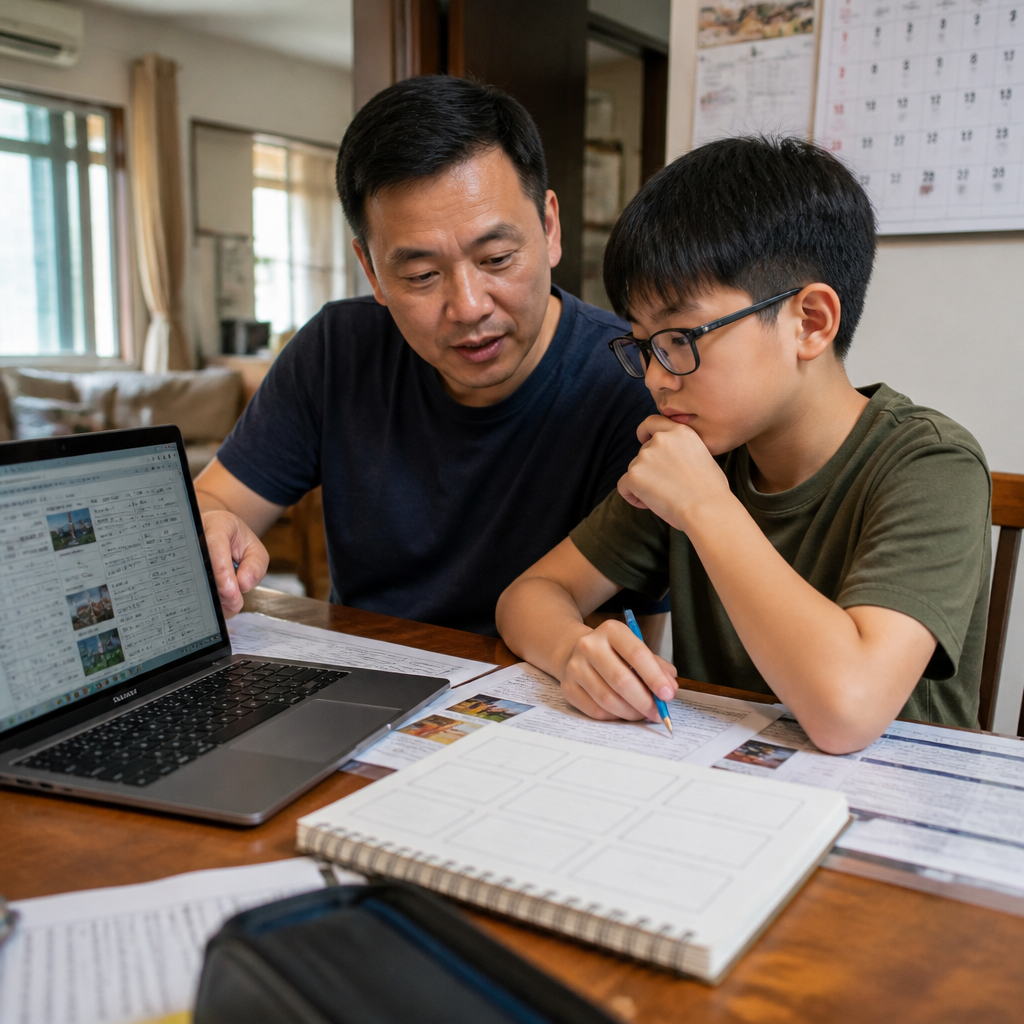 A Singapore parent and child reviewing secondary school choices after PSLE at home.