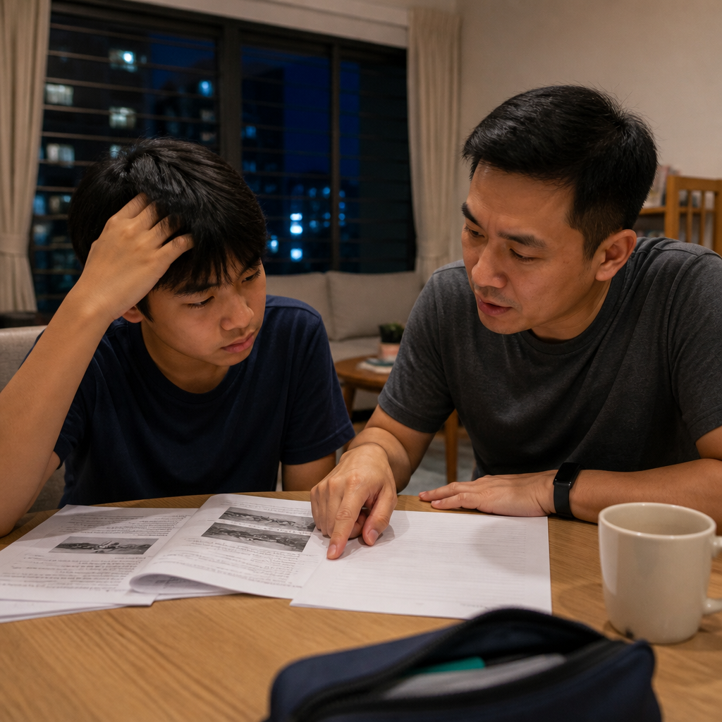 A Singapore parent helping a secondary school student review a Social Studies surprise question at home.