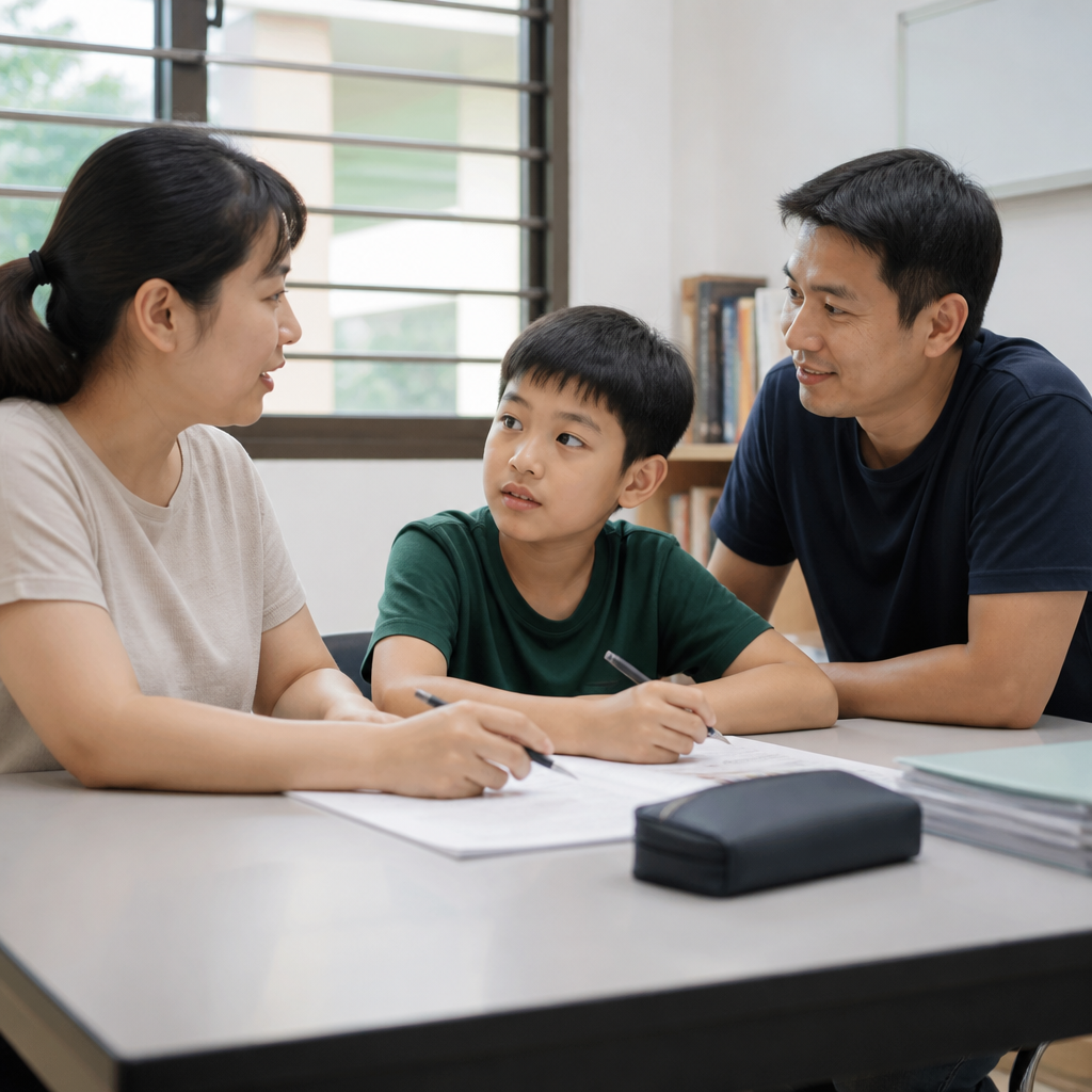 A teacher and parent discuss support needs in a special needs school environment.